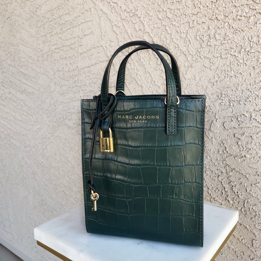 MARC JACOBS Dark Green Croc Embossed Leather Mini Crossbody Micro Tote Bag - Picture 3 of 15